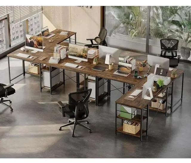 Alt view image 3 of 7 - Bestier 95.2 L Shaped Desk, Reversible Corner Computer Desk or 2 Person Long Table with Adjustable Shelves, Large Writing Study Workstation with 3 Cable Holes Rustic Brown