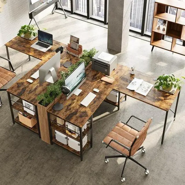 Alt view image 6 of 7 - Bestier 95.2 L Shaped Desk, Reversible Corner Computer Desk or 2 Person Long Table with Adjustable Shelves, Large Writing Study Workstation with 3 Cable Holes Rustic Brown