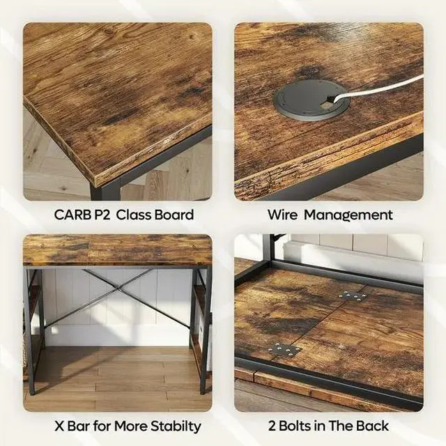 Alt view image 5 of 7 - Bestier 95.2 L Shaped Desk, Reversible Corner Computer Desk or 2 Person Long Table with Adjustable Shelves, Large Writing Study Workstation with 3 Cable Holes Rustic Brown