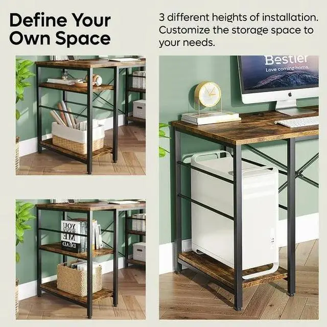 Alt view image 4 of 7 - Bestier 95.2 L Shaped Desk, Reversible Corner Computer Desk or 2 Person Long Table with Adjustable Shelves, Large Writing Study Workstation with 3 Cable Holes Rustic Brown