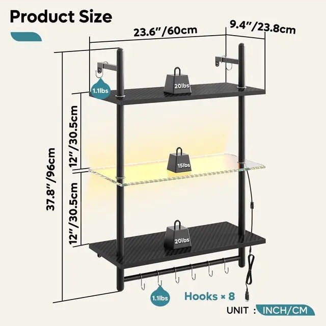 Alt view image 6 of 7 - Bestier 23" Floating Shelves For Wall With Led Light 3-tier Wall-mounted Wood Shelves With 8 S-hooks