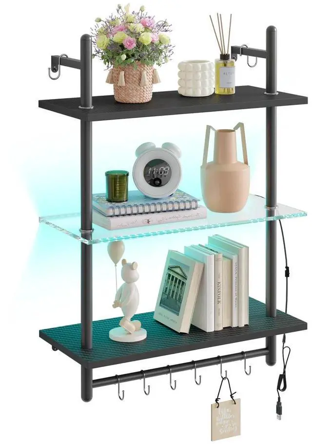 Main image of Bestier 23" Floating Shelves For Wall With Led Light 3-tier Wall-mounted Wood Shelves With 8 S-hooks