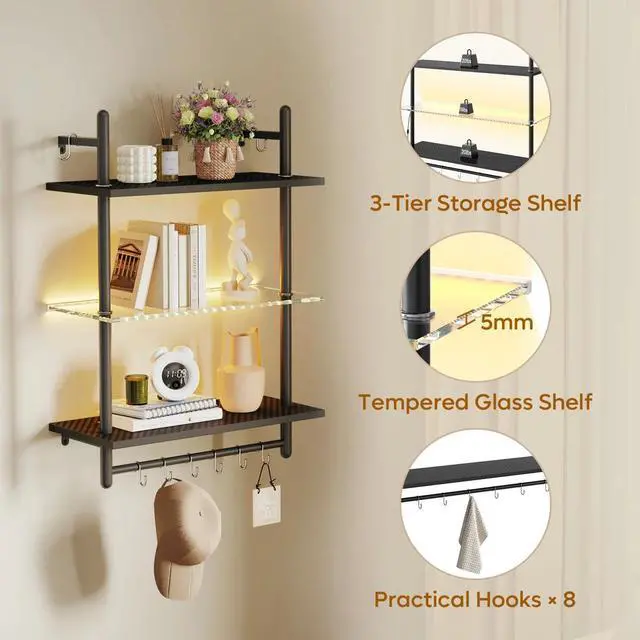 Alt view image 2 of 7 - Bestier 23" Floating Shelves For Wall With Led Light 3-tier Wall-mounted Wood Shelves With 8 S-hooks