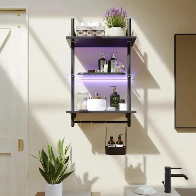 Alt view image 7 of 7 - Bestier 23" Floating Shelves For Wall With Led Light 3-tier Wall-mounted Wood Shelves With 8 S-hooks