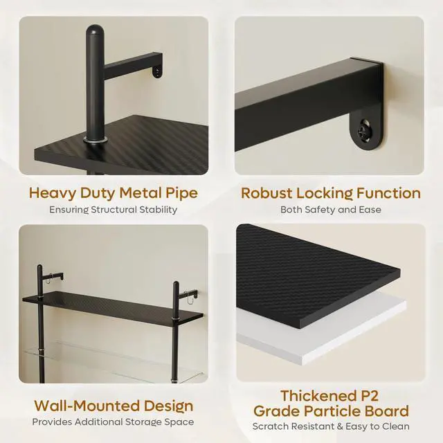 Alt view image 3 of 7 - Bestier 23" Floating Shelves For Wall With Led Light 3-tier Wall-mounted Wood Shelves With 8 S-hooks