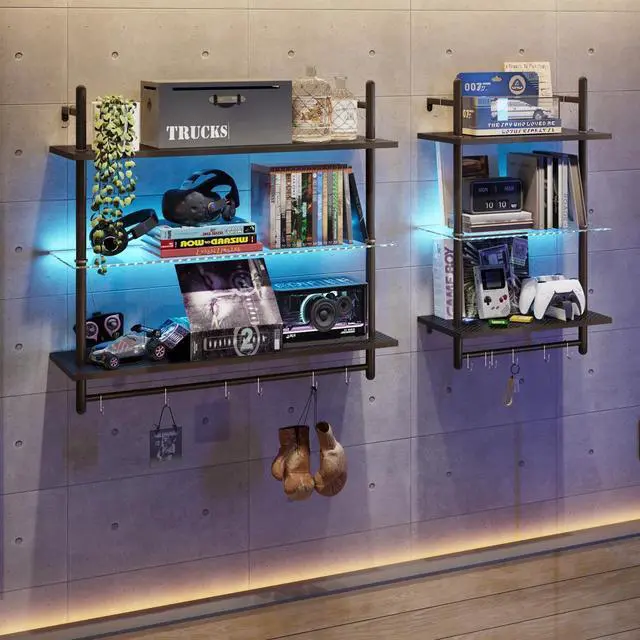 Alt view image 5 of 7 - Bestier 23" Floating Shelves For Wall With Led Light 3-tier Wall-mounted Wood Shelves With 8 S-hooks