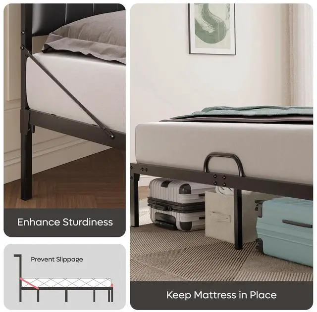 Alt view image 4 of 7 - Bestier Full Bed Frame with Storage Headboard Shelf, Full Size Platform Bed With LED Lights & USB Ports, Black PU Leather