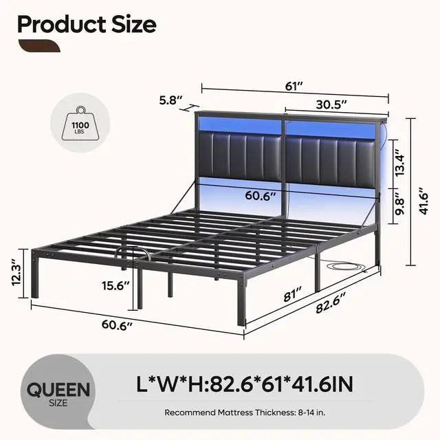 Alt view image 7 of 7 - Bestier Queen Bed Frame with Upholstered Headboard, Metal Platform Bed with LED Lights & USB Ports Black