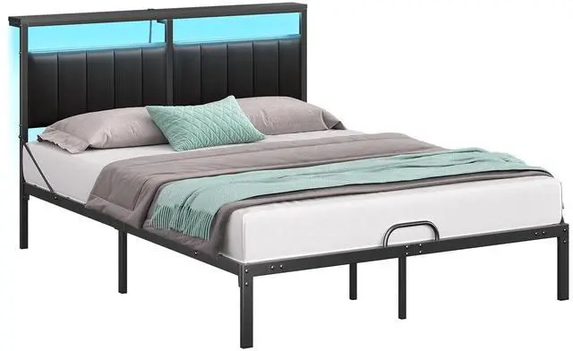 Main image of Bestier Queen Bed Frame with Upholstered Headboard, Metal Platform Bed with LED Lights & USB Ports Black