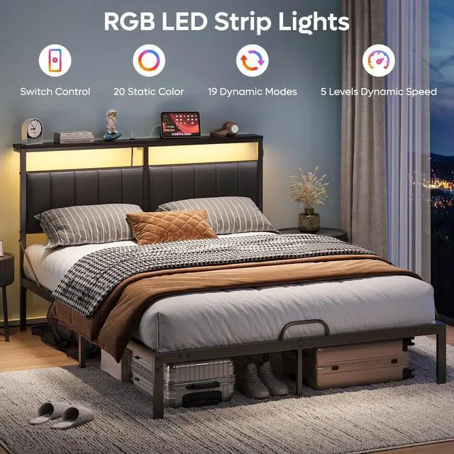 Alt view image 4 of 7 - Bestier Queen Bed Frame with Upholstered Headboard, Metal Platform Bed with LED Lights & USB Ports Black