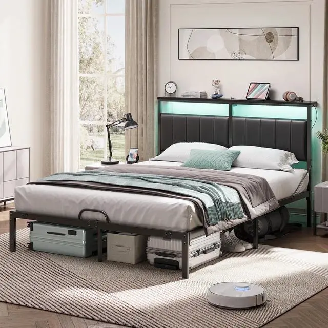 Alt view image 3 of 7 - Bestier Queen Bed Frame with Upholstered Headboard, Metal Platform Bed with LED Lights & USB Ports Black