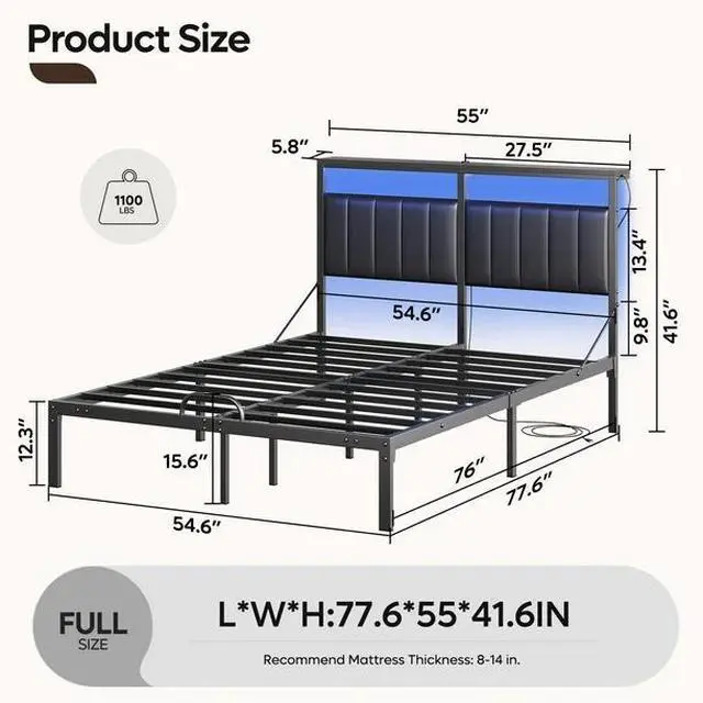 Alt view image 7 of 7 - Bestier Full Bed Frame with Storage Headboard Shelf, Full Size Platform Bed With LED Lights & USB Ports, Black PU Leather