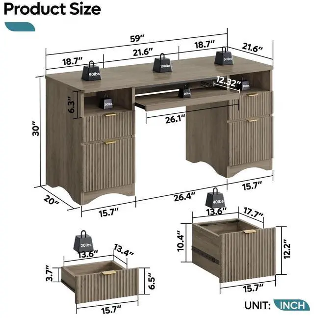 Alt view image 3 of 7 - Bestier 59''Fluted Executive Desks with File and Storage Drawers , Computer Writing Desk with Keyboard Tray, Home Office Desks with Cable Management and 2 Open Compartments
