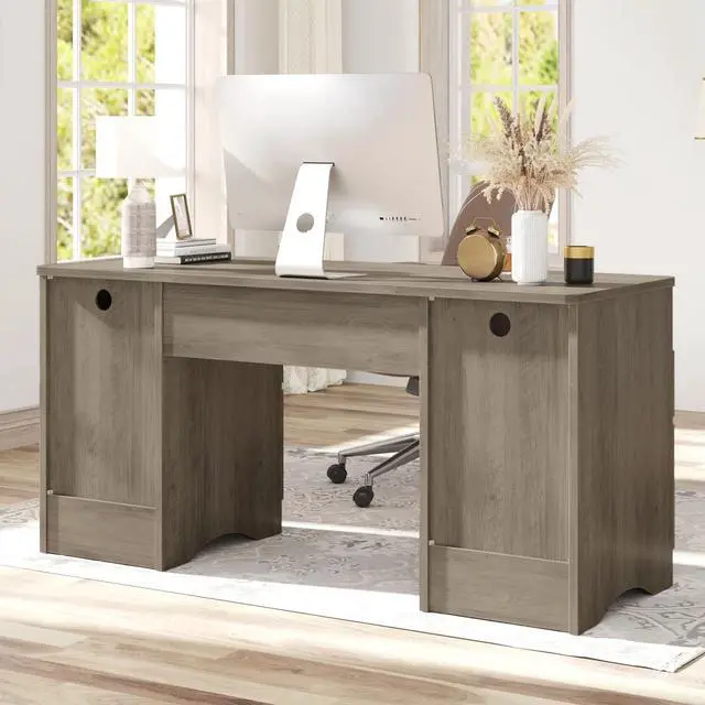 Alt view image 4 of 7 - Bestier 59''Fluted Executive Desks with File and Storage Drawers , Computer Writing Desk with Keyboard Tray, Home Office Desks with Cable Management and 2 Open Compartments