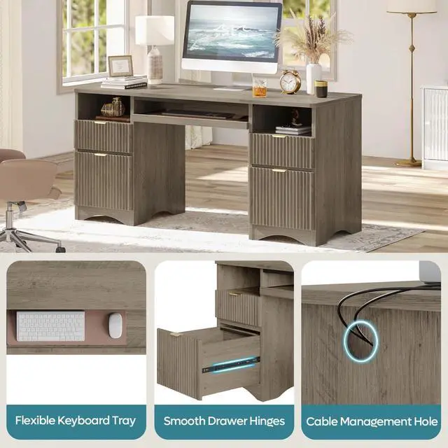 Alt view image 5 of 7 - Bestier 59''Fluted Executive Desks with File and Storage Drawers , Computer Writing Desk with Keyboard Tray, Home Office Desks with Cable Management and 2 Open Compartments