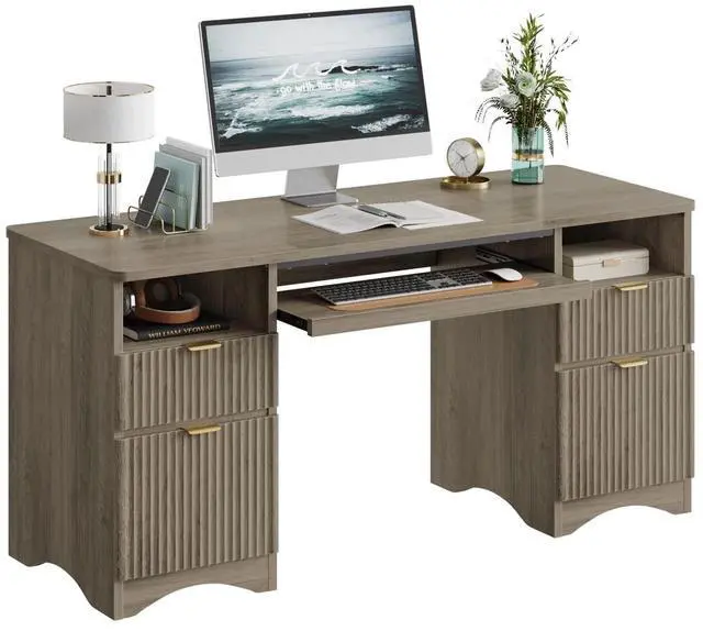 Main image of Bestier 59''Fluted Executive Desks with File and Storage Drawers , Computer Writing Desk with Keyboard Tray, Home Office Desks with Cable Management and 2 Open Compartments