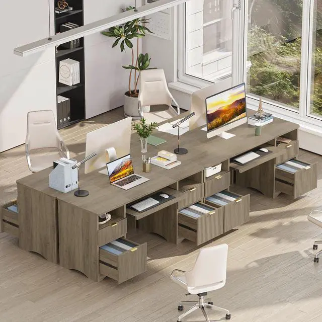 Alt view image 6 of 7 - Bestier 59''Fluted Executive Desks with File and Storage Drawers , Computer Writing Desk with Keyboard Tray, Home Office Desks with Cable Management and 2 Open Compartments