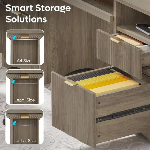 Alt view image 7 of 7 - Bestier 59''Fluted Executive Desks with File and Storage Drawers , Computer Writing Desk with Keyboard Tray, Home Office Desks with Cable Management and 2 Open Compartments