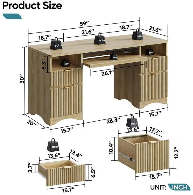 Alt view image 2 of 7 - Bestier 59''Fluted Executive Desks with File and Storage Drawers , Computer Writing Desk with Keyboard Tray, Home Office Desks with Cable Management and 2 Open Compartments Natural Oak