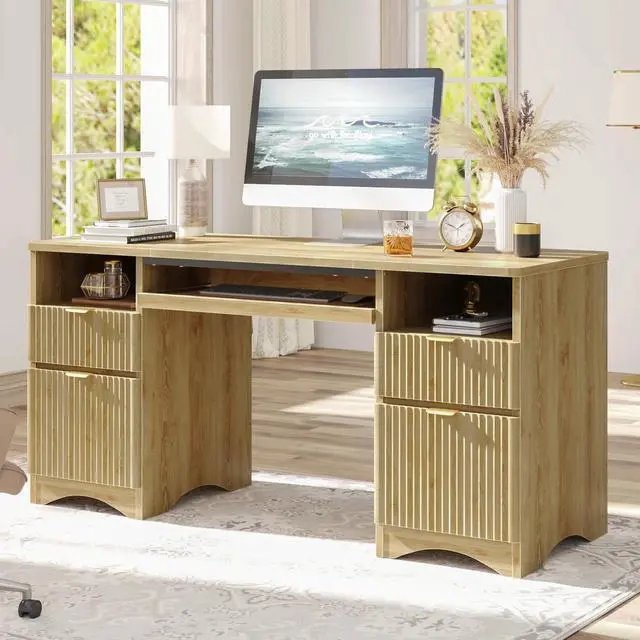 Alt view image 4 of 7 - Bestier 59''Fluted Executive Desks with File and Storage Drawers , Computer Writing Desk with Keyboard Tray, Home Office Desks with Cable Management and 2 Open Compartments Natural Oak