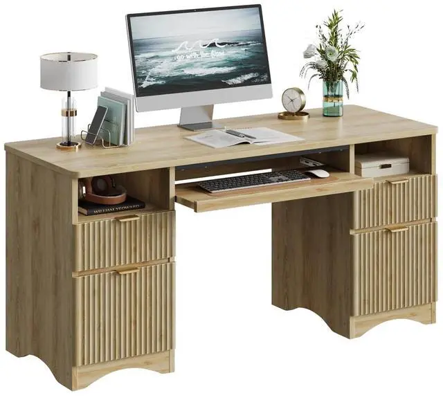Main image of Bestier 59''Fluted Executive Desks with File and Storage Drawers , Computer Writing Desk with Keyboard Tray, Home Office Desks with Cable Management and 2 Open Compartments Natural Oak
