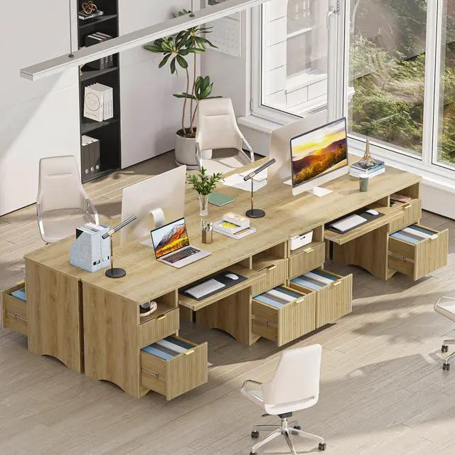 Alt view image 5 of 7 - Bestier 59''Fluted Executive Desks with File and Storage Drawers , Computer Writing Desk with Keyboard Tray, Home Office Desks with Cable Management and 2 Open Compartments Natural Oak