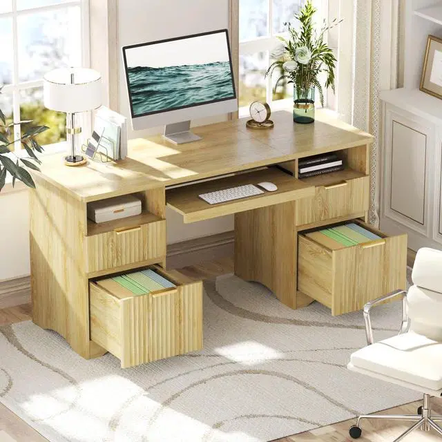 Alt view image 3 of 7 - Bestier 59''Fluted Executive Desks with File and Storage Drawers , Computer Writing Desk with Keyboard Tray, Home Office Desks with Cable Management and 2 Open Compartments Natural Oak