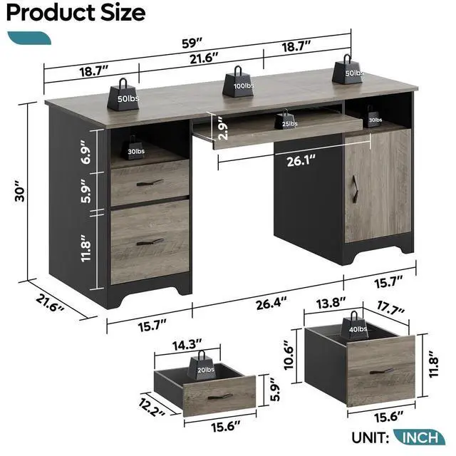 Alt view image 7 of 7 - Bestier 59'' Executive Desk with File and Storage Drawers and Cabinet, Computer Writing Desk with Keyboard Tray and 2 Open Compartments for Home Office