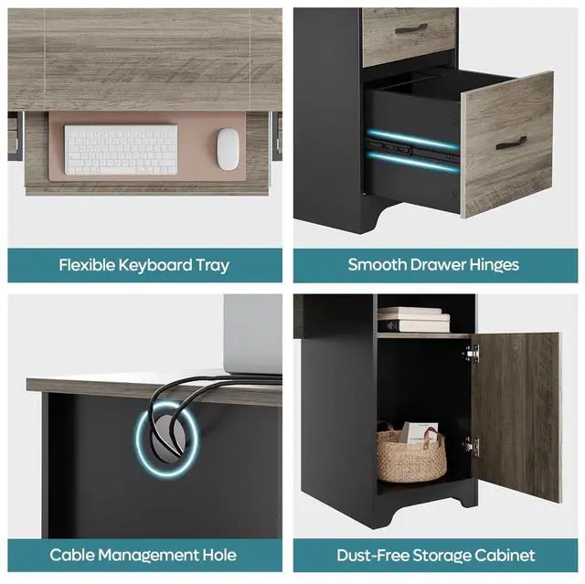 Alt view image 4 of 7 - Bestier 59'' Executive Desk with File and Storage Drawers and Cabinet, Computer Writing Desk with Keyboard Tray and 2 Open Compartments for Home Office