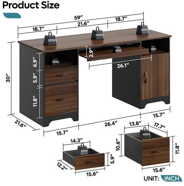 Alt view image 4 of 7 - Bestier 59'' Executive Desk with File and Storage Drawers and Cabinet, Computer Writing Desk with Keyboard Tray and 2 Open Compartments for Home Office Cherry