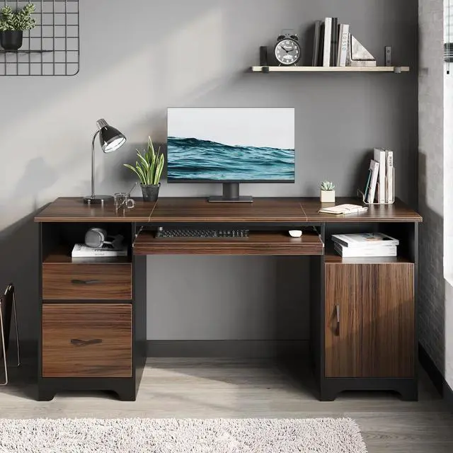 Alt view image 2 of 7 - Bestier 59'' Executive Desk with File and Storage Drawers and Cabinet, Computer Writing Desk with Keyboard Tray and 2 Open Compartments for Home Office Cherry