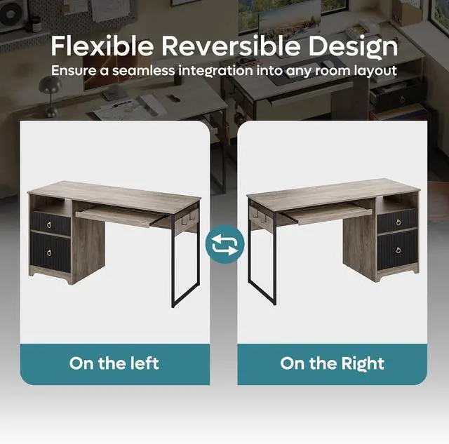 Alt view image 6 of 7 - Bestier 55 Inch Computer Desk with Keyboard Tray, Modern Office Desk with Storage, Wood Writing Desk with File Drawer, Fluted Panel & 2 Hooks for Home Office & Studio, Grey