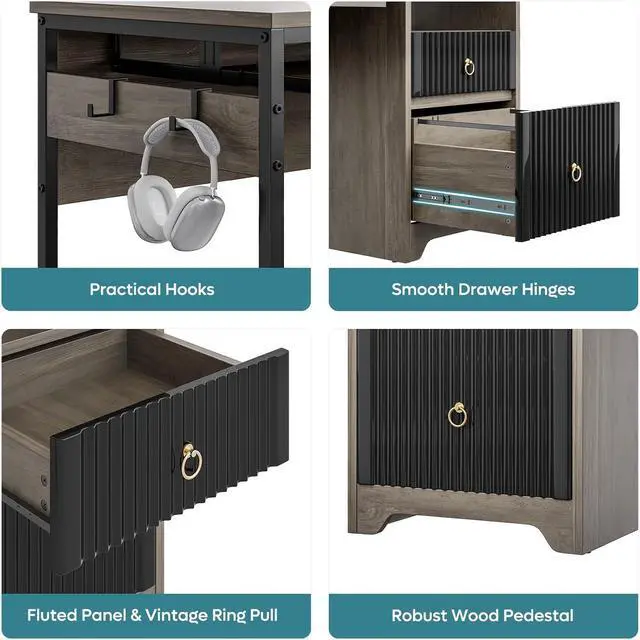 Alt view image 3 of 7 - Bestier 55 Inch Computer Desk with Keyboard Tray, Modern Office Desk with Storage, Wood Writing Desk with File Drawer, Fluted Panel & 2 Hooks for Home Office & Studio, Grey