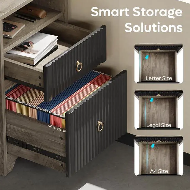 Alt view image 4 of 7 - Bestier 55 Inch Computer Desk with Keyboard Tray, Modern Office Desk with Storage, Wood Writing Desk with File Drawer, Fluted Panel & 2 Hooks for Home Office & Studio, Grey