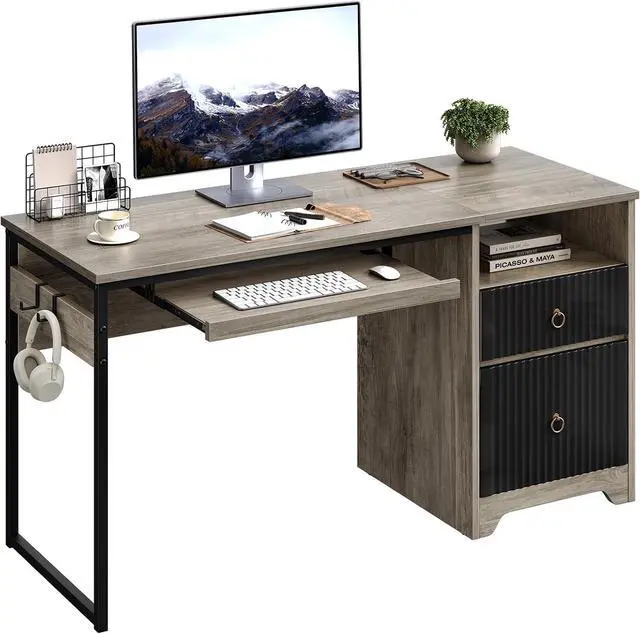 Main image of Bestier 55 Inch Computer Desk with Keyboard Tray, Modern Office Desk with Storage, Wood Writing Desk with File Drawer, Fluted Panel & 2 Hooks for Home Office & Studio, Grey