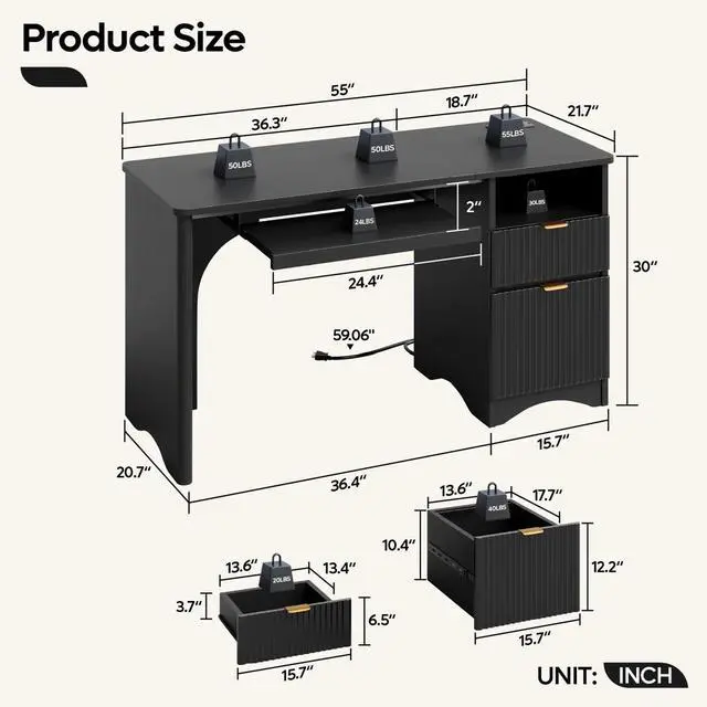 Alt view image 2 of 7 - Bestier 55Inch Fluted Executive Desk with Power Outlet, Mordern Computer Writing Desks with File Drawers, Home Office Desk with Keyboard Tray and Open Storage Compartment