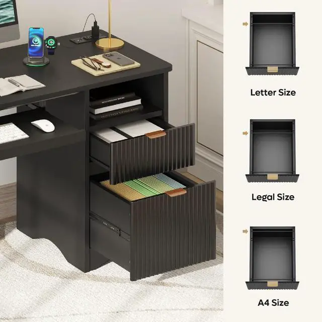 Alt view image 6 of 7 - Bestier 55Inch Fluted Executive Desk with Power Outlet, Mordern Computer Writing Desks with File Drawers, Home Office Desk with Keyboard Tray and Open Storage Compartment