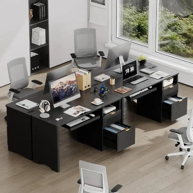 Alt view image 4 of 7 - Bestier 55Inch Fluted Executive Desk with Power Outlet, Mordern Computer Writing Desks with File Drawers, Home Office Desk with Keyboard Tray and Open Storage Compartment
