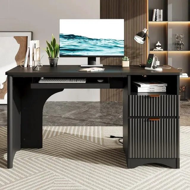 Alt view image 5 of 7 - Bestier 55Inch Fluted Executive Desk with Power Outlet, Mordern Computer Writing Desks with File Drawers, Home Office Desk with Keyboard Tray and Open Storage Compartment