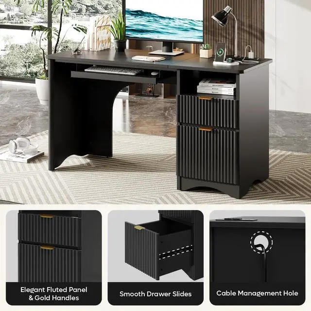Alt view image 7 of 7 - Bestier 55Inch Fluted Executive Desk with Power Outlet, Mordern Computer Writing Desks with File Drawers, Home Office Desk with Keyboard Tray and Open Storage Compartment