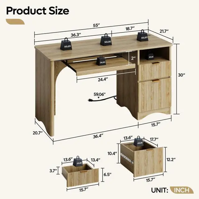 Alt view image 7 of 7 - Bestier 55Inch Fluted Executive Desk with Power Outlet, Mordern Computer Writing Desks with File Drawers, Home Office Desk with Keyboard Tray and Open Storage Compartment Natural Oak