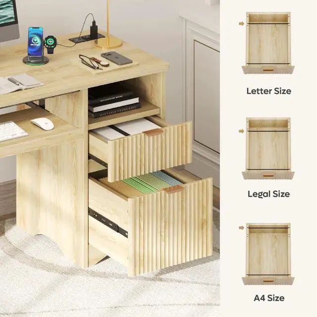 Alt view image 6 of 7 - Bestier 55Inch Fluted Executive Desk with Power Outlet, Mordern Computer Writing Desks with File Drawers, Home Office Desk with Keyboard Tray and Open Storage Compartment Natural Oak