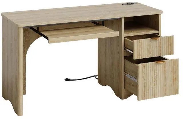 Main image of Bestier 55Inch Fluted Executive Desk with Power Outlet, Mordern Computer Writing Desks with File Drawers, Home Office Desk with Keyboard Tray and Open Storage Compartment Natural Oak