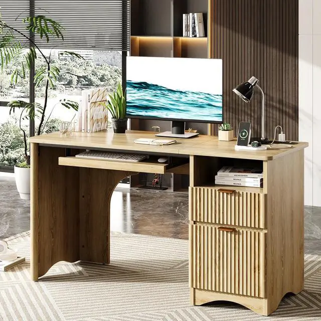 Alt view image 3 of 7 - Bestier 55Inch Fluted Executive Desk with Power Outlet, Mordern Computer Writing Desks with File Drawers, Home Office Desk with Keyboard Tray and Open Storage Compartment Natural Oak