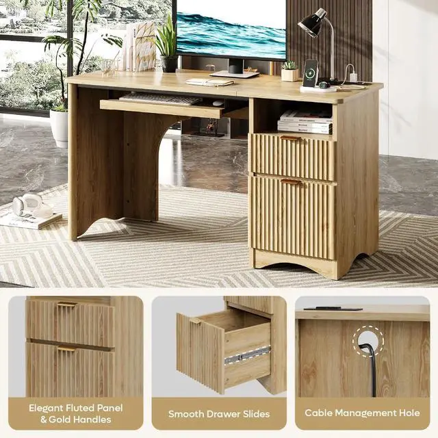 Alt view image 5 of 7 - Bestier 55Inch Fluted Executive Desk with Power Outlet, Mordern Computer Writing Desks with File Drawers, Home Office Desk with Keyboard Tray and Open Storage Compartment Natural Oak