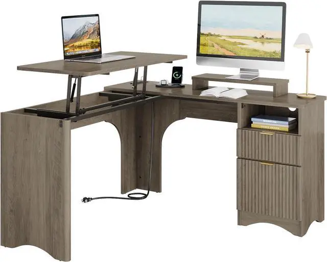 Main image of Bestier L Shaped Desk with Lift Desktop, 55 inch Corner Desk with Fluted Panel Deisgn Drawers, Modern Office Desk with File Drawer (Grey, 55'' x 55'' Lift Top)