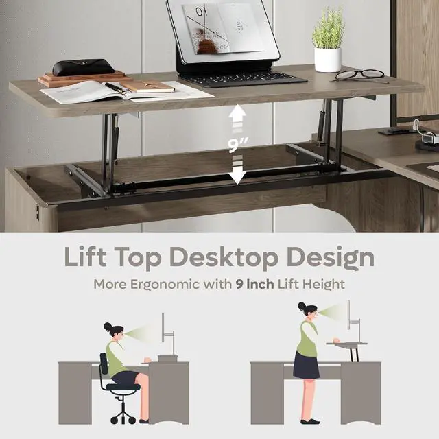 Alt view image 5 of 7 - Bestier L Shaped Desk with Lift Desktop, 55 inch Corner Desk with Fluted Panel Deisgn Drawers, Modern Office Desk with File Drawer (Grey, 55'' x 55'' Lift Top)