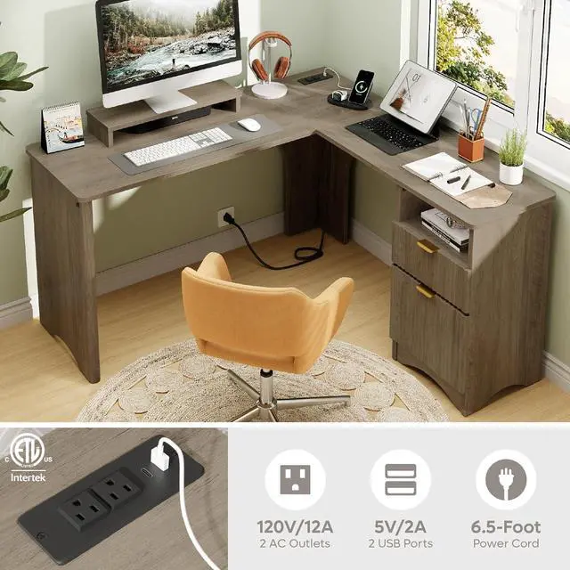 Alt view image 4 of 7 - Bestier L Shaped Desk with Lift Desktop, 55 inch Corner Desk with Fluted Panel Deisgn Drawers, Modern Office Desk with File Drawer (Grey, 55'' x 55'' Lift Top)