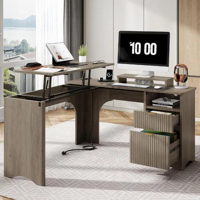 Alt view image 2 of 7 - Bestier L Shaped Desk with Lift Desktop, 55 inch Corner Desk with Fluted Panel Deisgn Drawers, Modern Office Desk with File Drawer (Grey, 55'' x 55'' Lift Top)