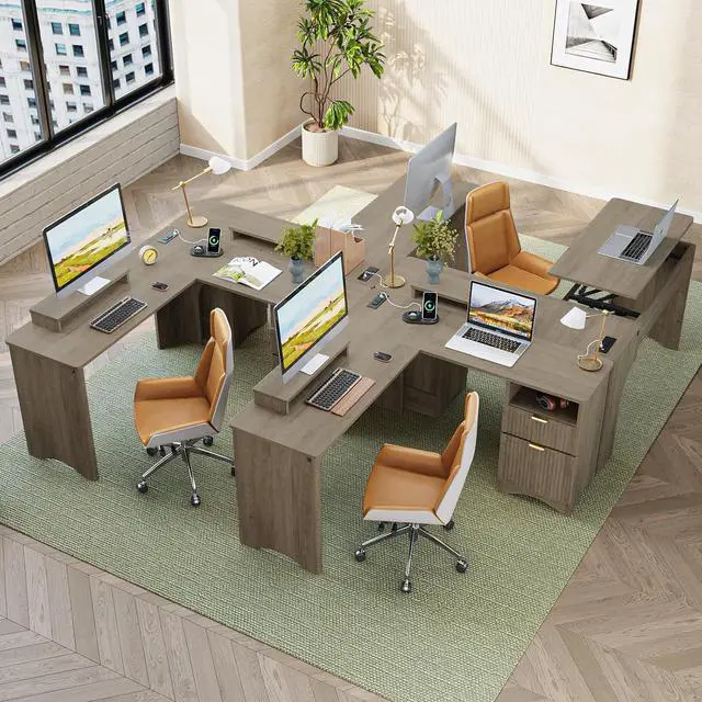 Alt view image 3 of 7 - Bestier L Shaped Desk with Lift Desktop, 55 inch Corner Desk with Fluted Panel Deisgn Drawers, Modern Office Desk with File Drawer (Grey, 55'' x 55'' Lift Top)